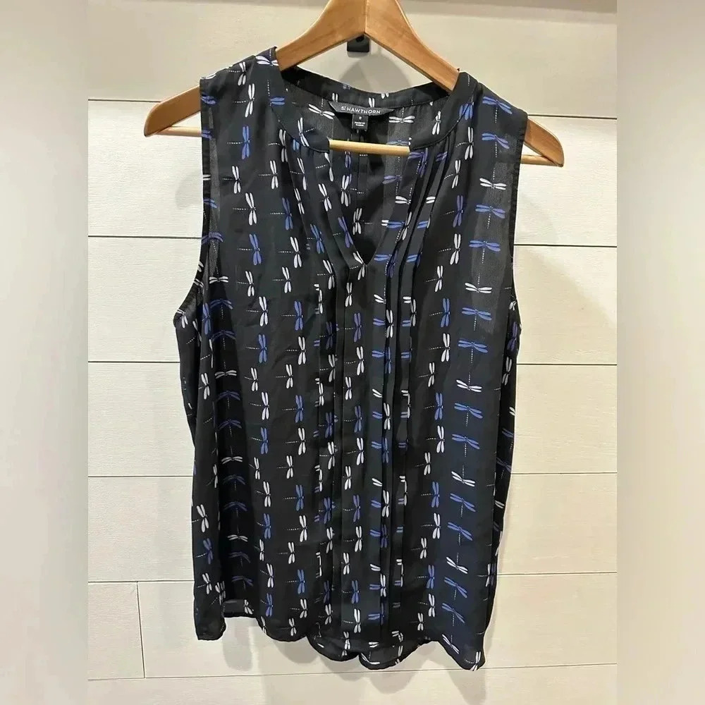 41 Hawthorne Navy Dragonfly Sleeveless Blouse- medium